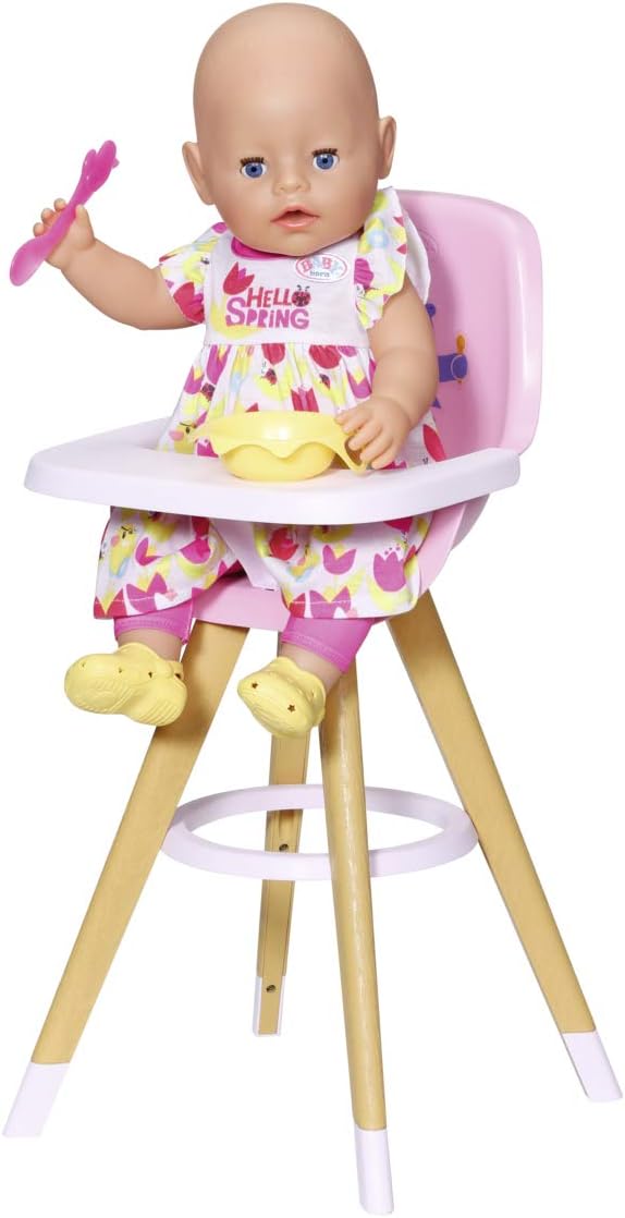 BABY born 829271 High Chair Accessory - Doll Furniture for 36-43 cm Dolls, Wood-Effect Legs, Pink Seat & Table