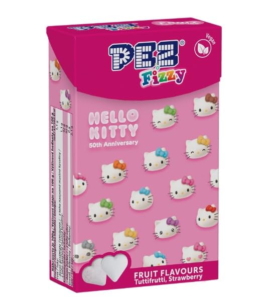 PEZ Hello Kitty Sprudelnde Retro-Süßigkeiten mit Erdbeergeschmack – 30 g Flip-Top-Box