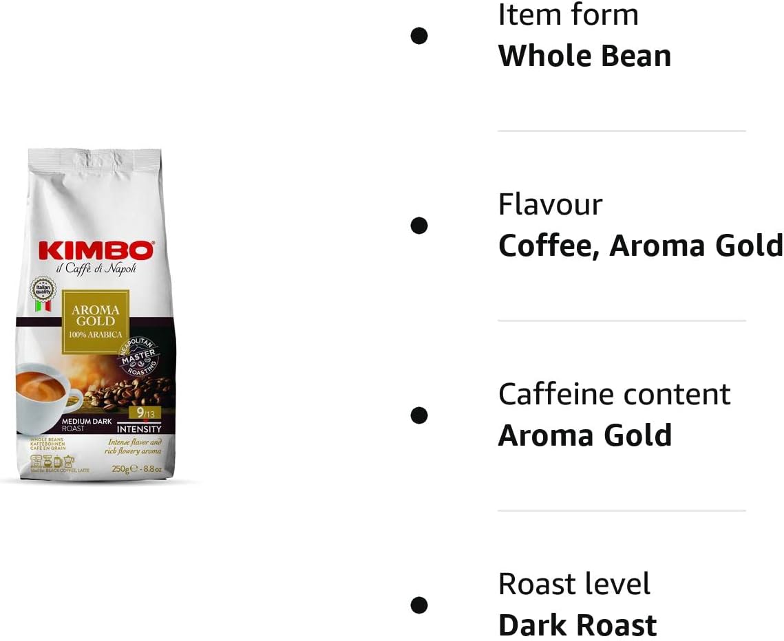 Kimbo Aroma Gold – 100 % Arabica-Kaffeebohnen, mitteldunkle Röstung, 250 g