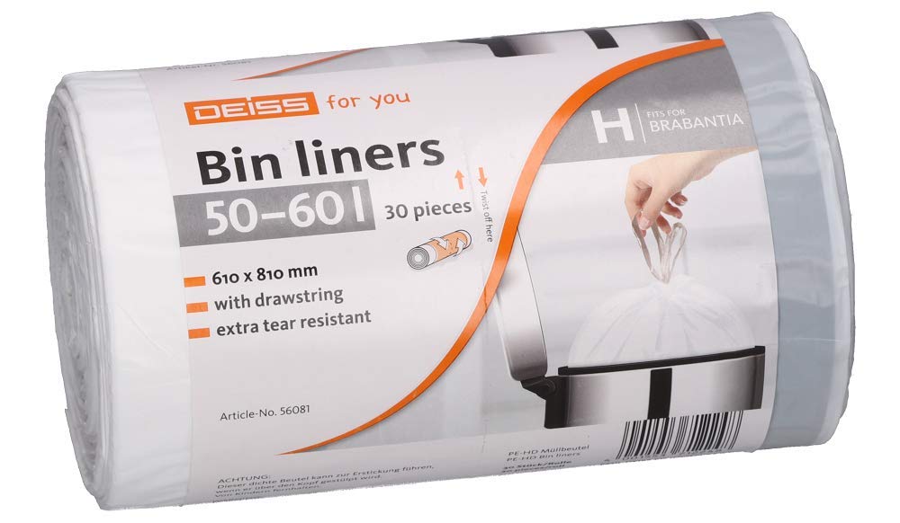 DEISS 50-60 Liter Müllbeutel mit Kordelzug für Brabantia Touch Bin Größe H - 30 Stück
