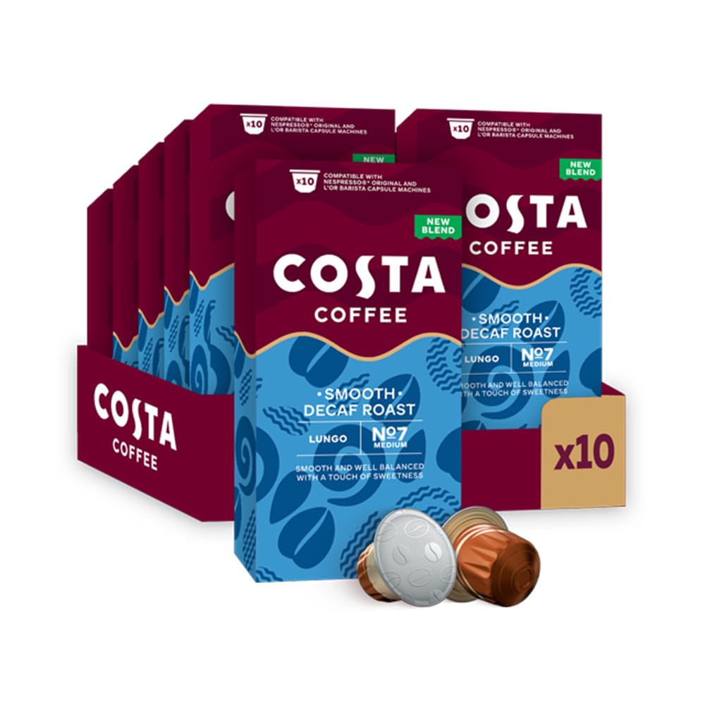 Costa Smooth Decaf Roast Aluminium-Kaffeepads (10er-Pack, insgesamt 100 Pads) – Kompatibel mit NespressoⓇ Original- und L'OR Barista-Maschinen
