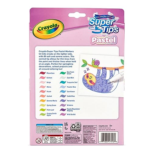 CRAYOLA Pastel SuperTips, abwaschbare Marker – 20 Stück, konische Spitze für feine und dicke Striche