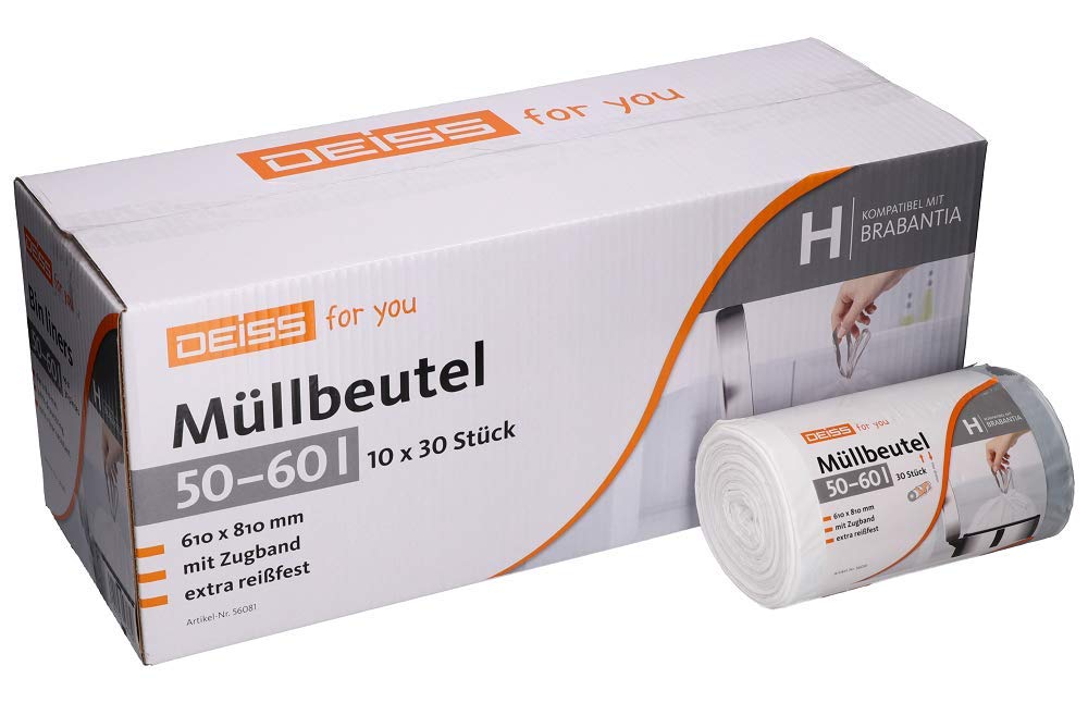 DEISS 50-60 Liter Müllbeutel mit Kordelzug für Brabantia Touch Bin Größe H - 30 Stück