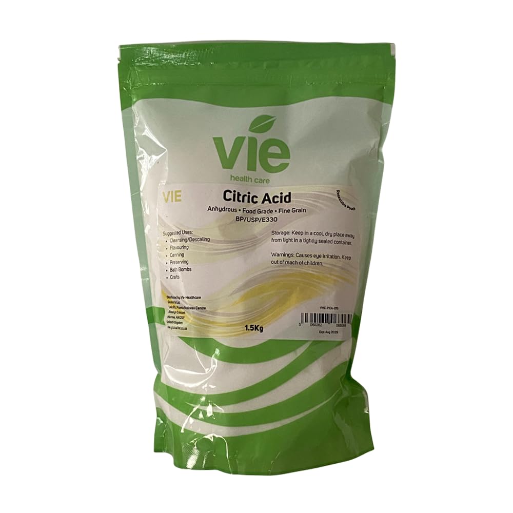 VIE Zitronensäure – reines wasserfreies Pulver, 1,8 kg, zum Reinigen, Entkalken und für den Heimgebrauch