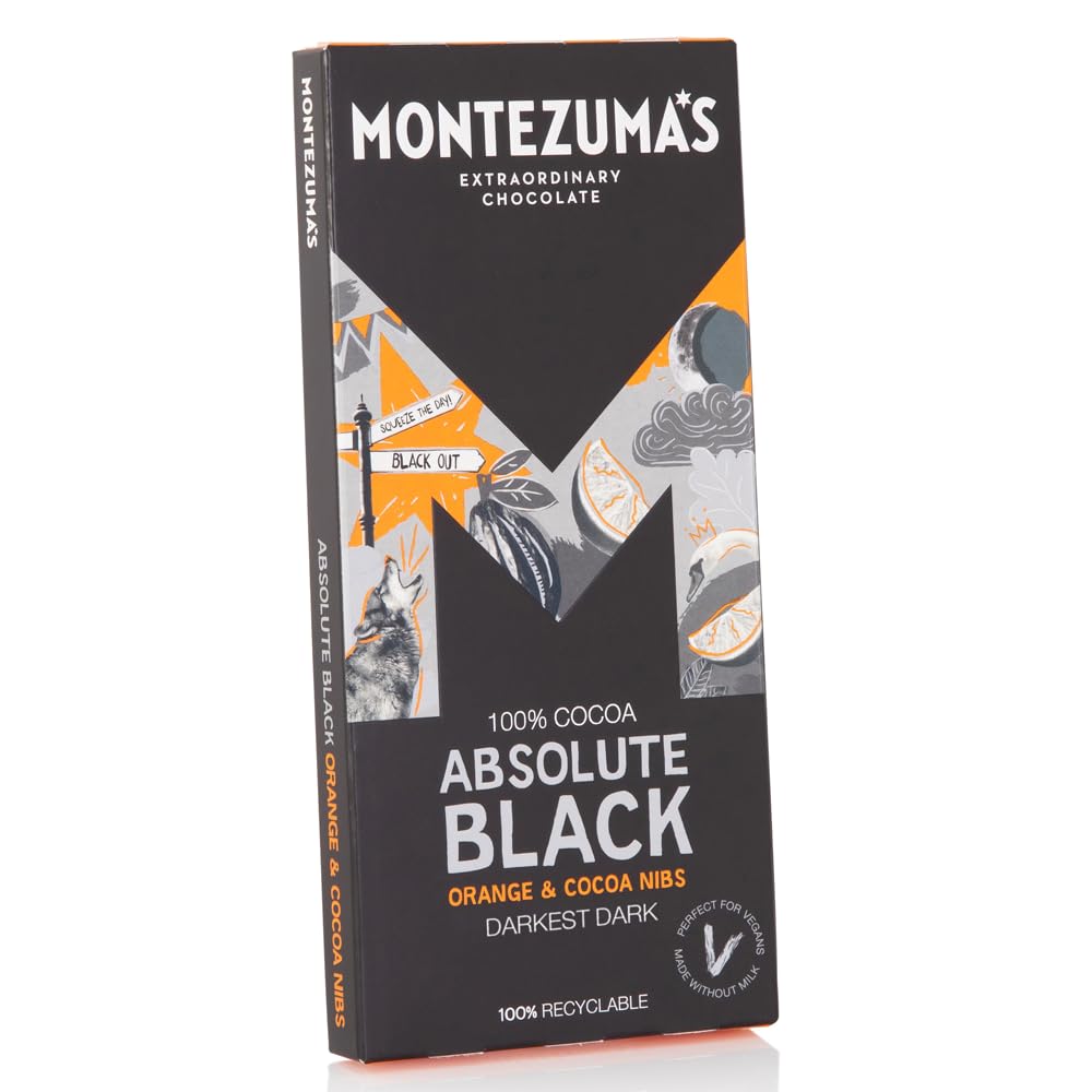 Montezuma - Absolute Black 100% Kakao Zartbitterschokolade mit Orange und Kakaonibs 90g Tafel