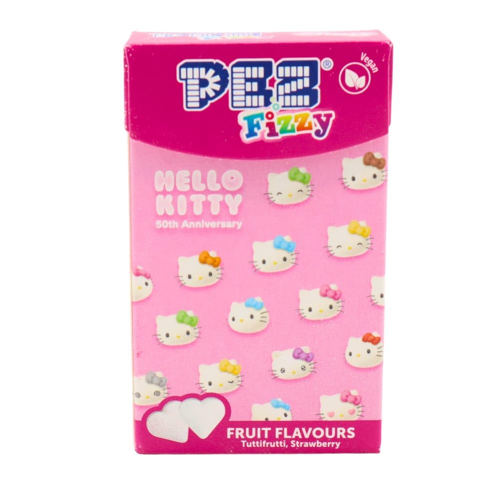 PEZ Hello Kitty Sprudelnde Retro-Süßigkeiten mit Erdbeergeschmack – 30 g Flip-Top-Box