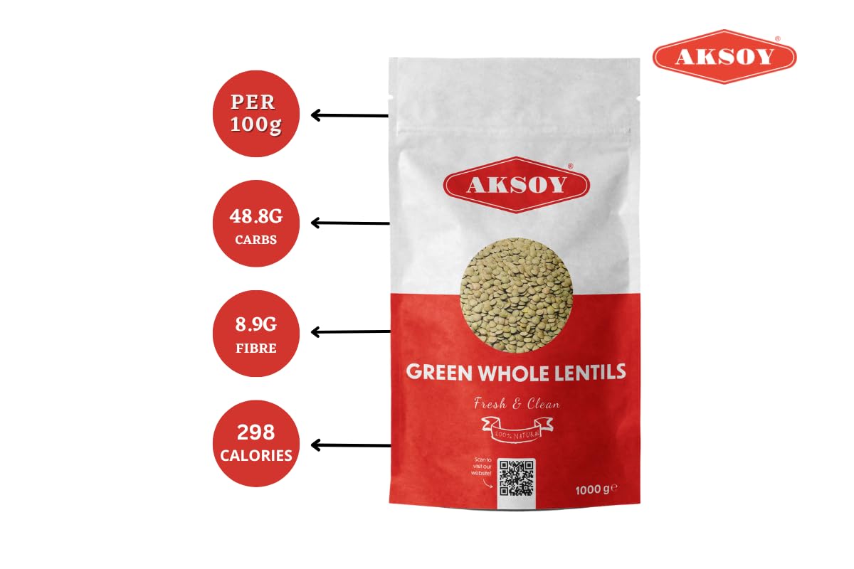 Aksoy Grüne Linsen, ganze Linsen, 1 kg – Proteinreiche, ballaststoffreiche Hülsenfrüchte für Salate und Currys