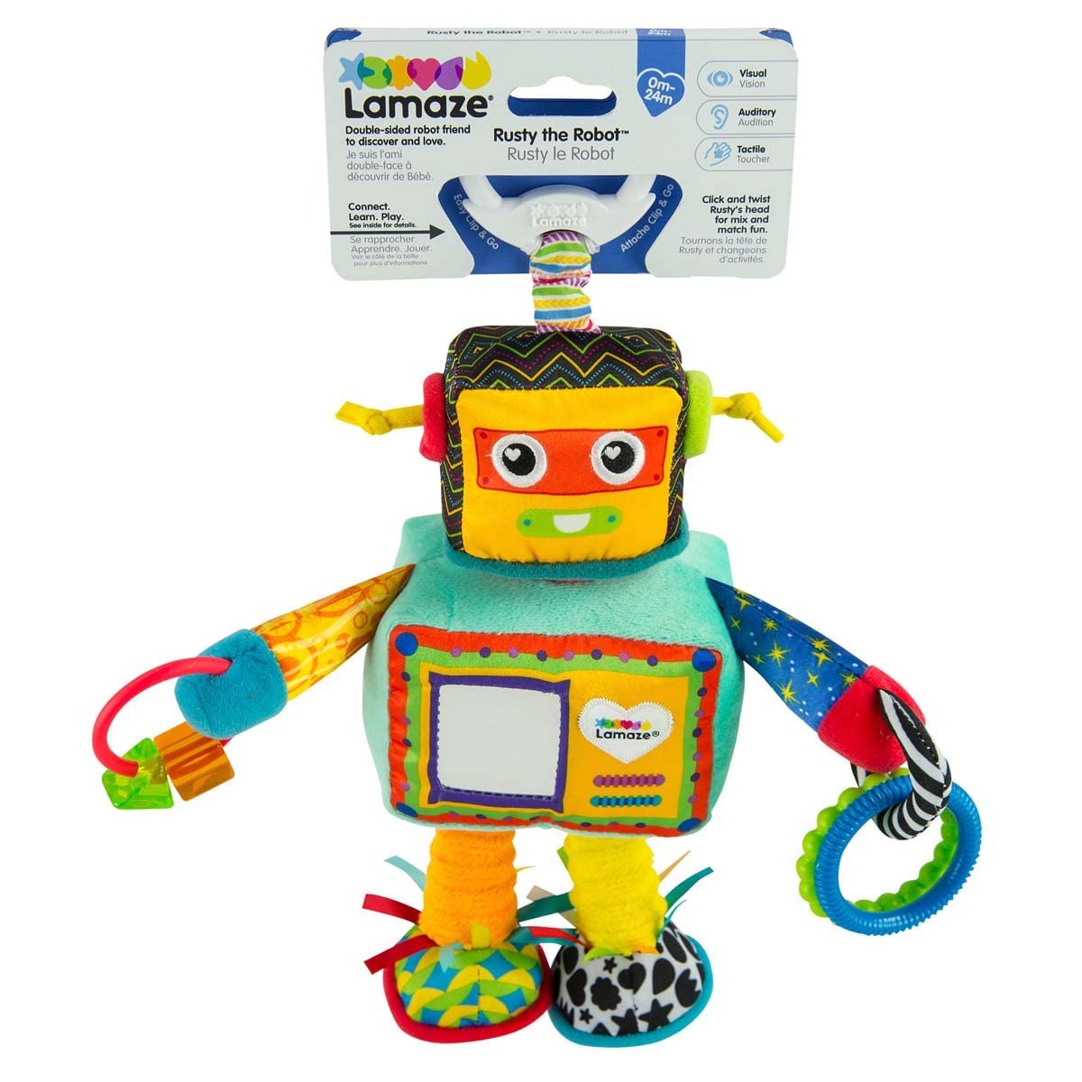 Lamaze Rusty der Roboter – Sinnesspielzeug für Babys von 0–6 Monaten mit drehbarem Kopf und Clip