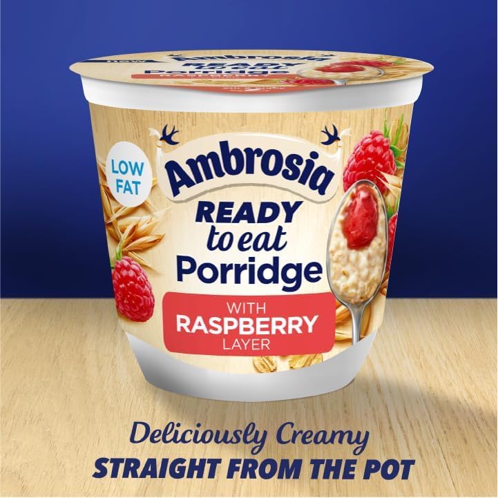 Ambrosia Himbeer-Schichtporridge-Töpfchen mit britischem Vollkornhafer, verzehrfertig, 210 g (6er-Pack)