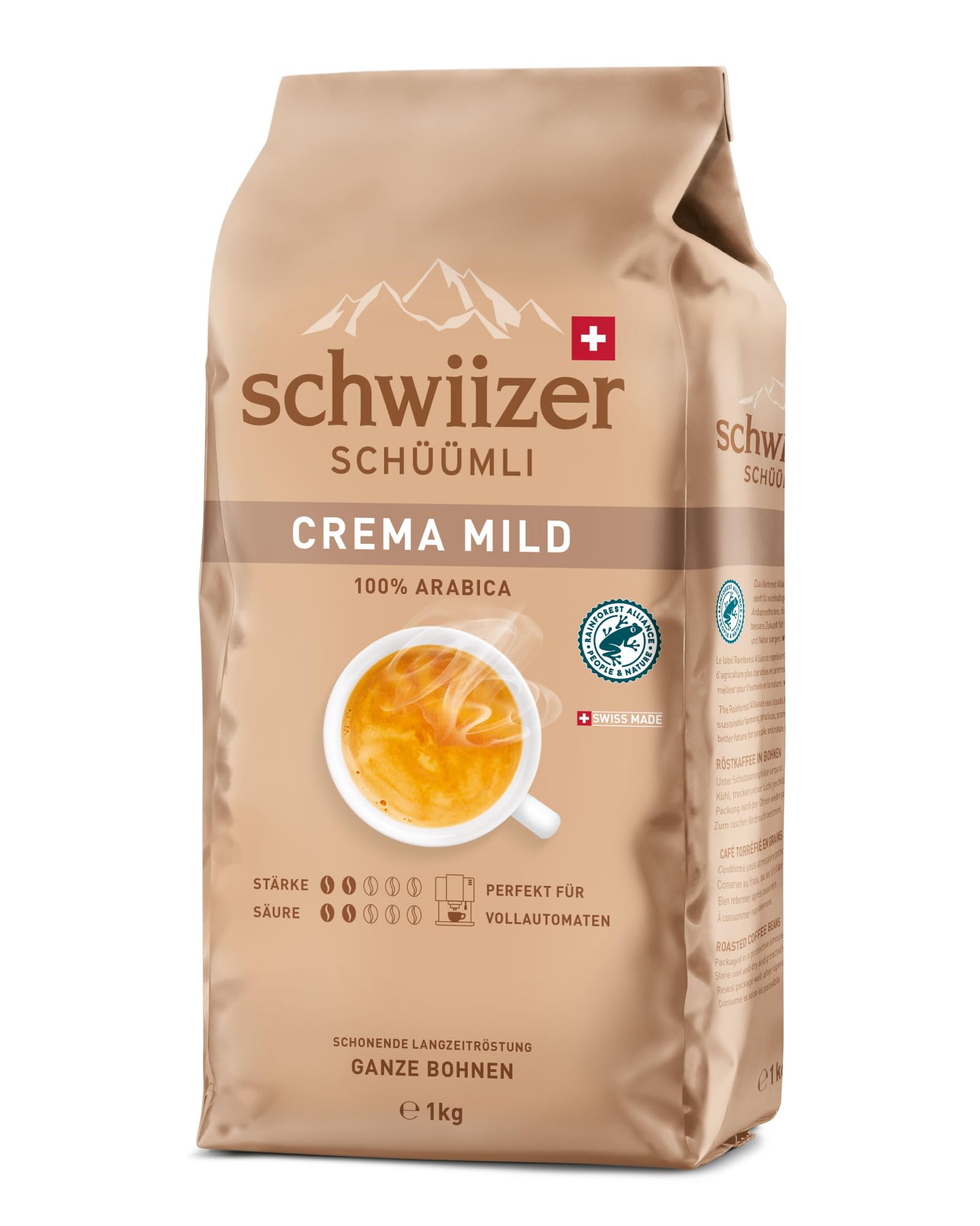 Schwiizer Schüümli Crema Mild – 100% Arabica-Kaffeebohnen, helle Röstung, Rainforest Alliance-zertifiziert, 1kg