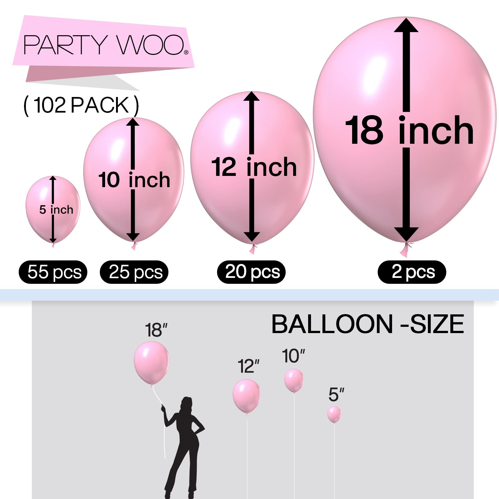 PartyWoo Hellrosa Luftballons 102 Stück - Verschiedene Größen für Geburtstags- und Partydekorationen