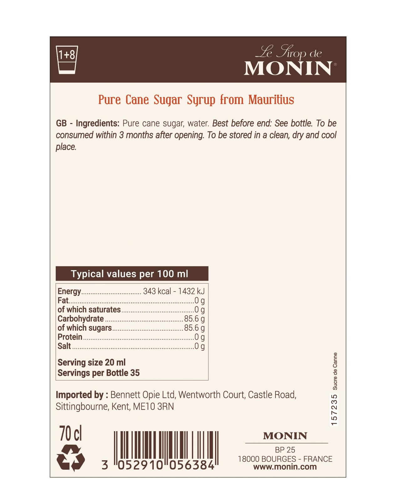 MONIN Reiner Rohrzuckersirup 700 ml – Veganer, allergenfreier Süßstoff für Kaffee, Cocktails und Getränke