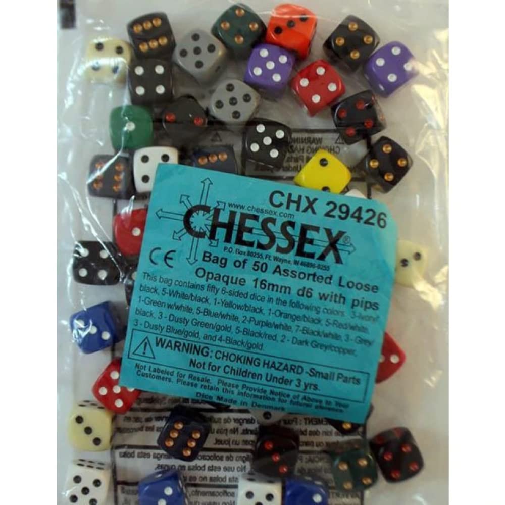 Chessex Opaque 16mm D6 Würfel - Beutel mit 50 verschiedenen Farben