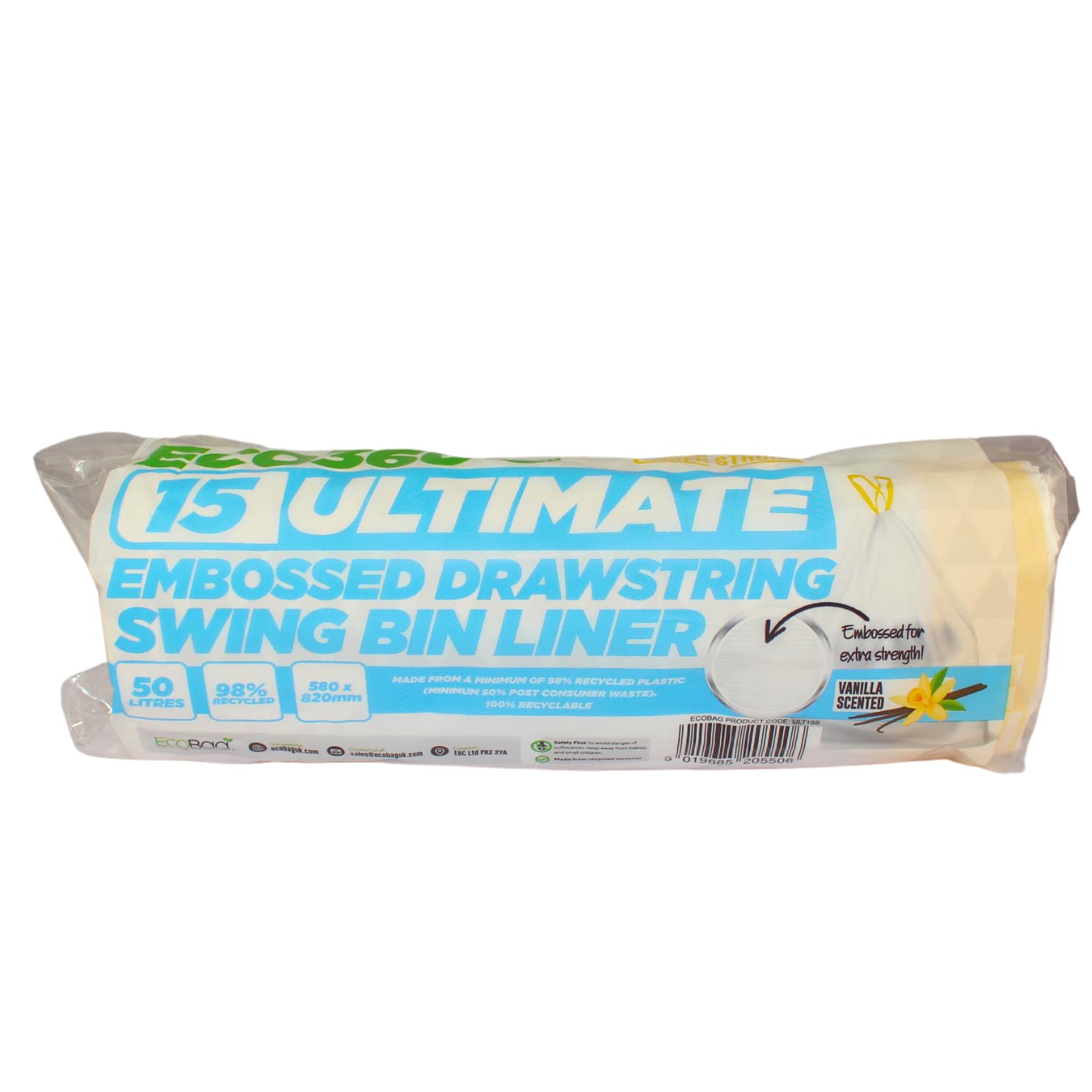 EcoBag Ultimate Küchen-Müllbeutel mit geprägtem Vanilleduft und Kordelzug, 50 l, 15 Stück