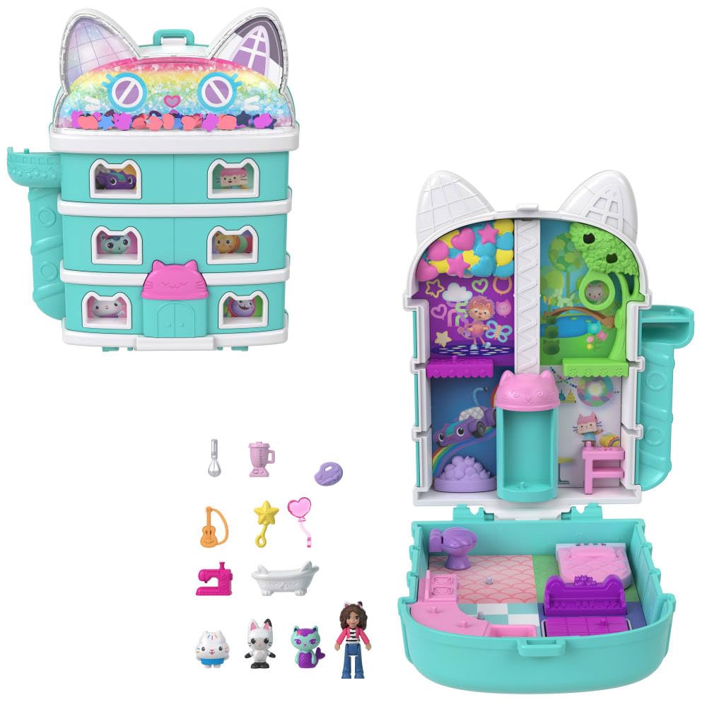 Polly Pocket x Gabbys Puppenhaus-Spielset – 15-teiliges interaktives Kompaktset mit Puppen- und Kätzchenfreunden