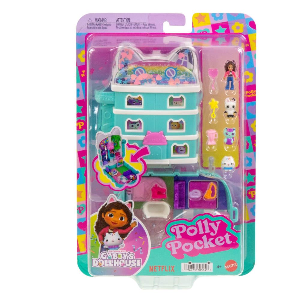 Polly Pocket x Gabbys Puppenhaus-Spielset – 15-teiliges interaktives Kompaktset mit Puppen- und Kätzchenfreunden