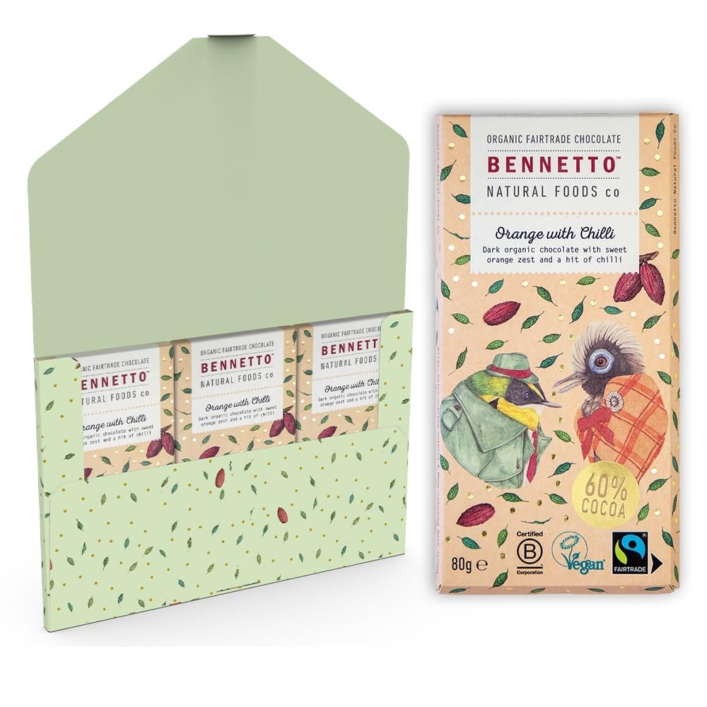 Bennetto Orange mit Chili Zartbitterschokolade - Bio, Vegan, Fairtrade mit Orangenschale & Chili