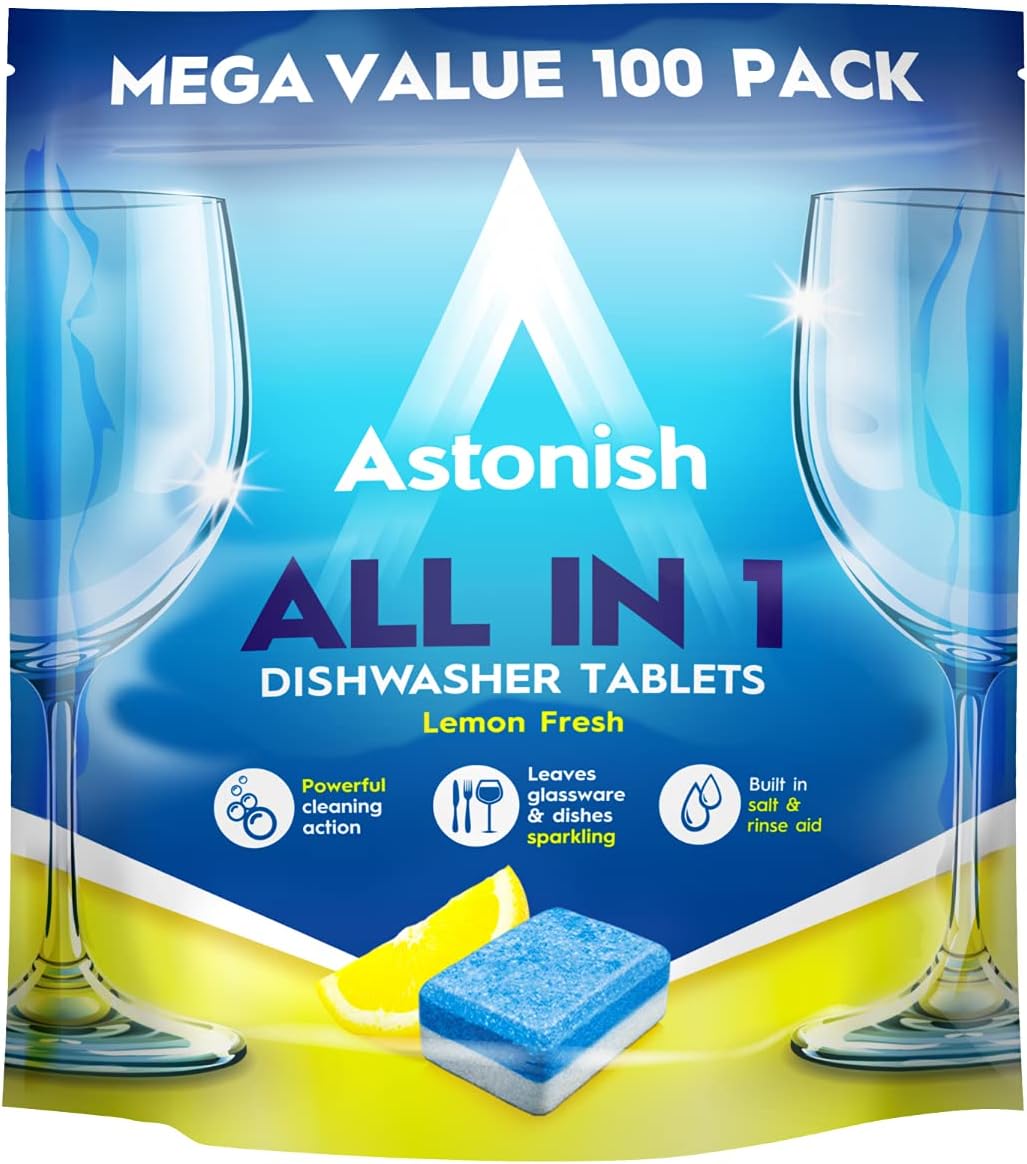 Astonish All-in-1-Geschirrspültabs mit Salz und Klarspüler – 100 Tabs, Lemon Fresh