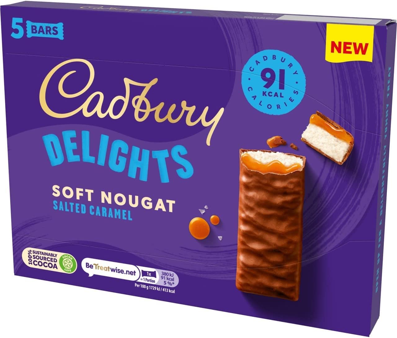 Cadbury Delights Soft Nougat Salted Caramel Riegel – 5er-Pack (je 22 g)