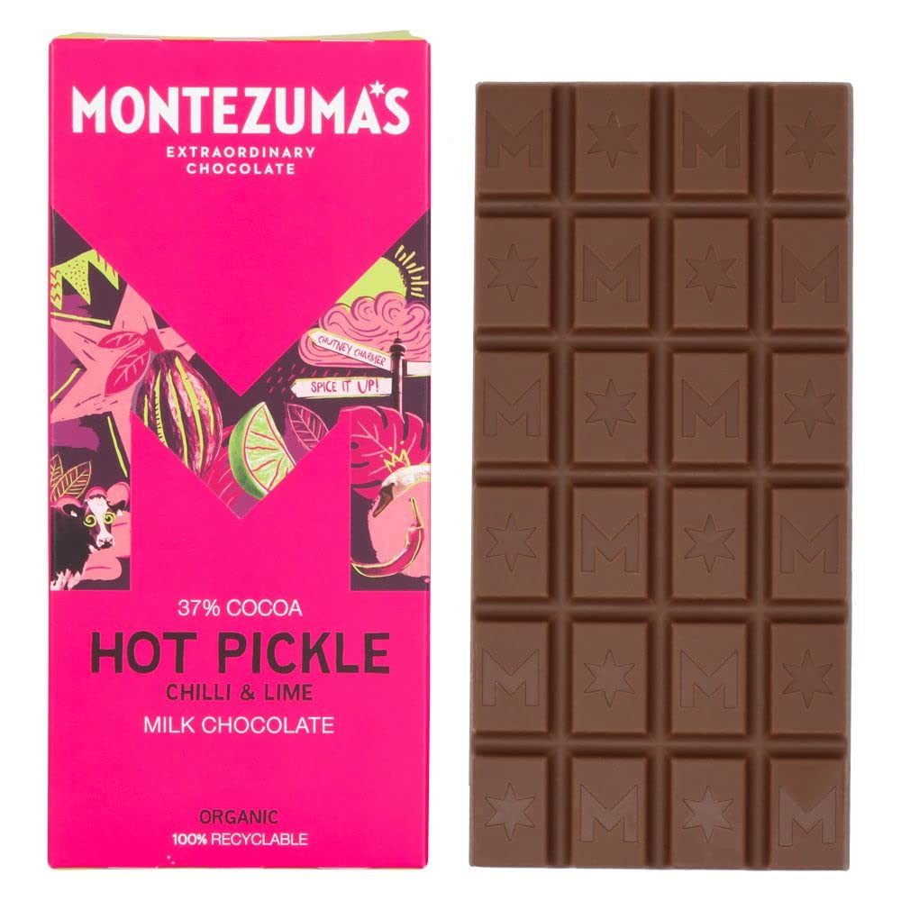 Montezuma - Hot Pickle 37% Kakao Milchschokolade mit Chili & Limette, Bio Glutenfreier Riegel (90g)