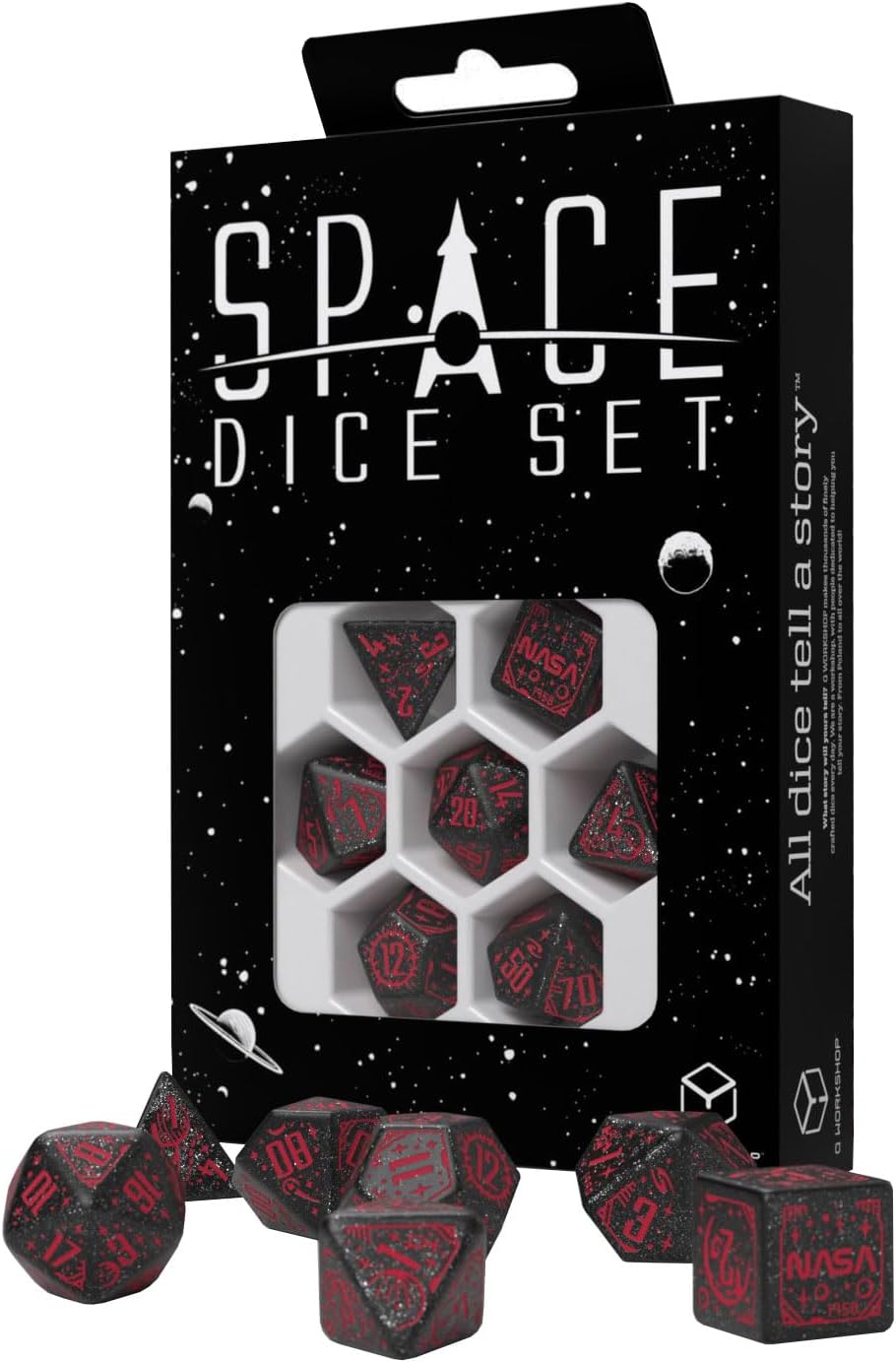 Q WORKSHOP Weltraumwürfel-Set Voyager RPG-Würfel – Schimmerndes Schwarz mit roter Gravur