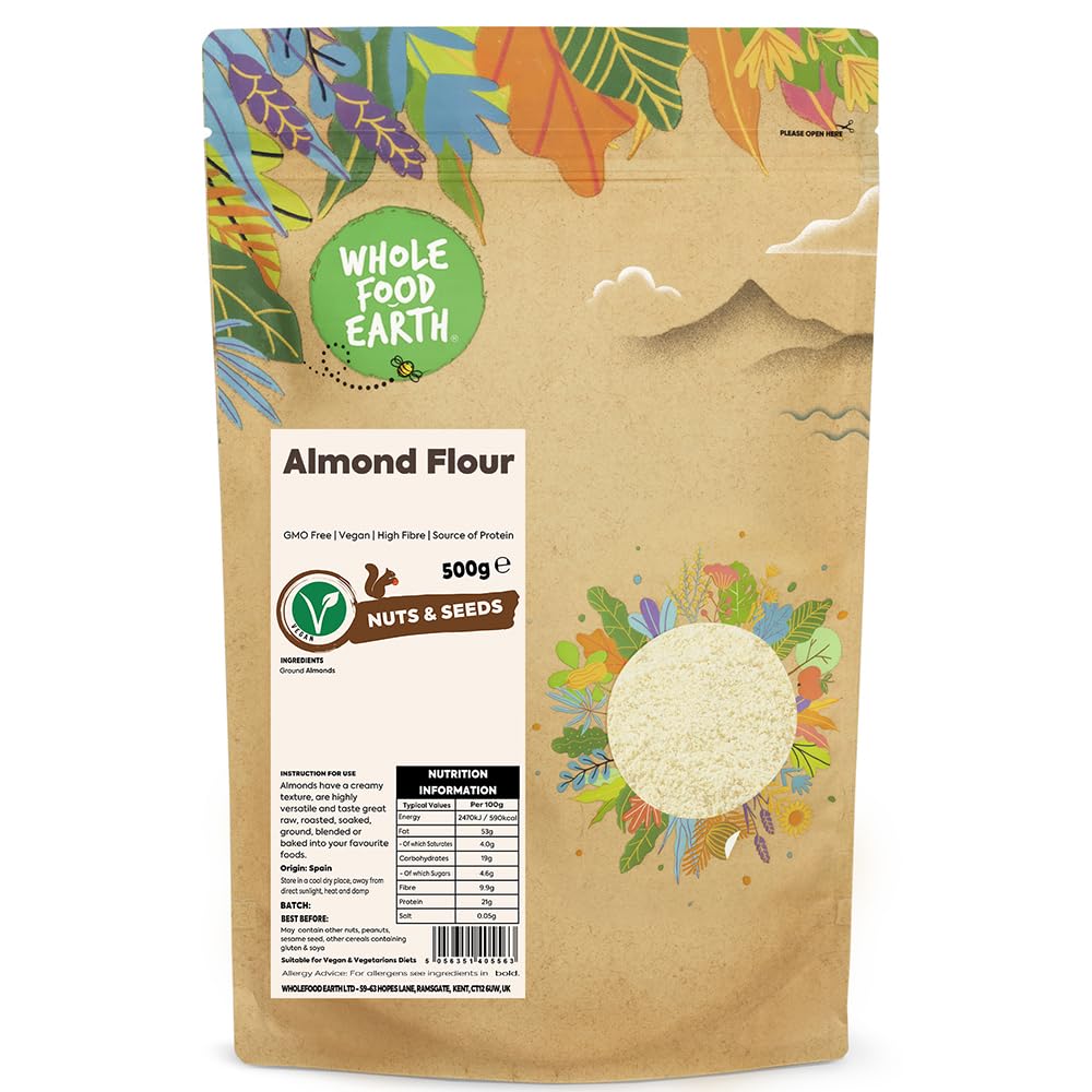 Wholefood Earth Mandelmehl 500 g | Gentechnikfrei | Ballaststoffreich | Vegan | Recycelbare Verpackung