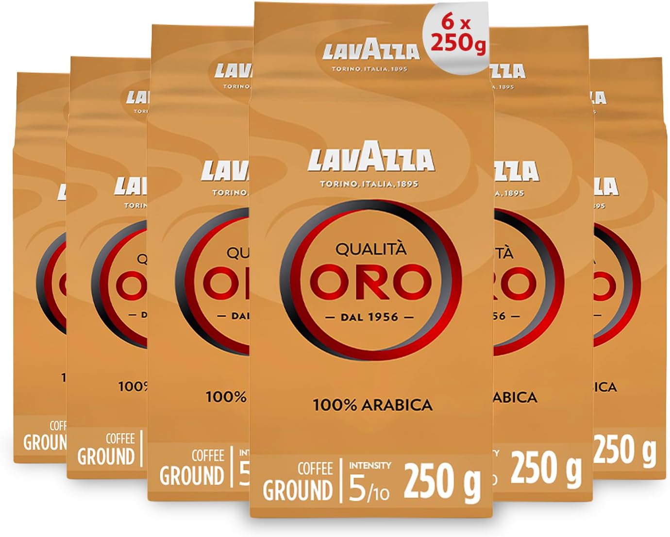 Lavazza Qualità Oro gemahlener Kaffee – 6 x 250 g Packungen, 100 % Arabica-Mischung für Moka-Kanne und Filter