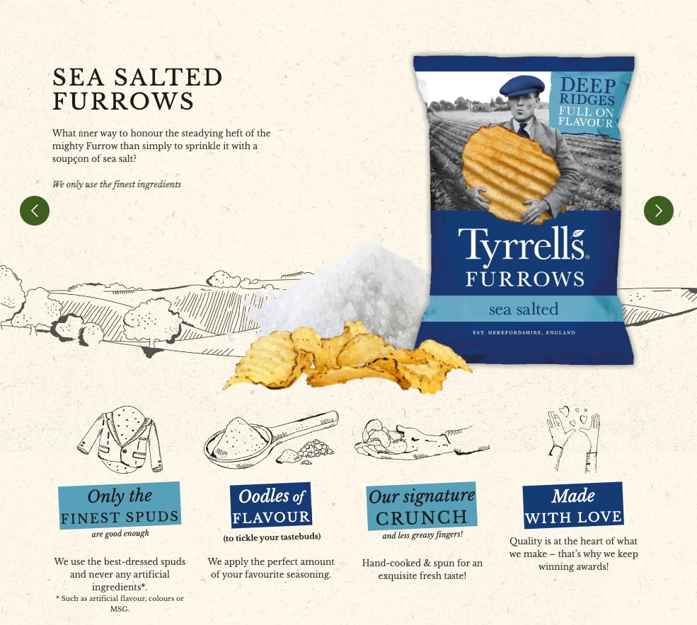 Tyrrells Furrows Handgekochte Chips mit Meersalz, 150 g, zum Teilen