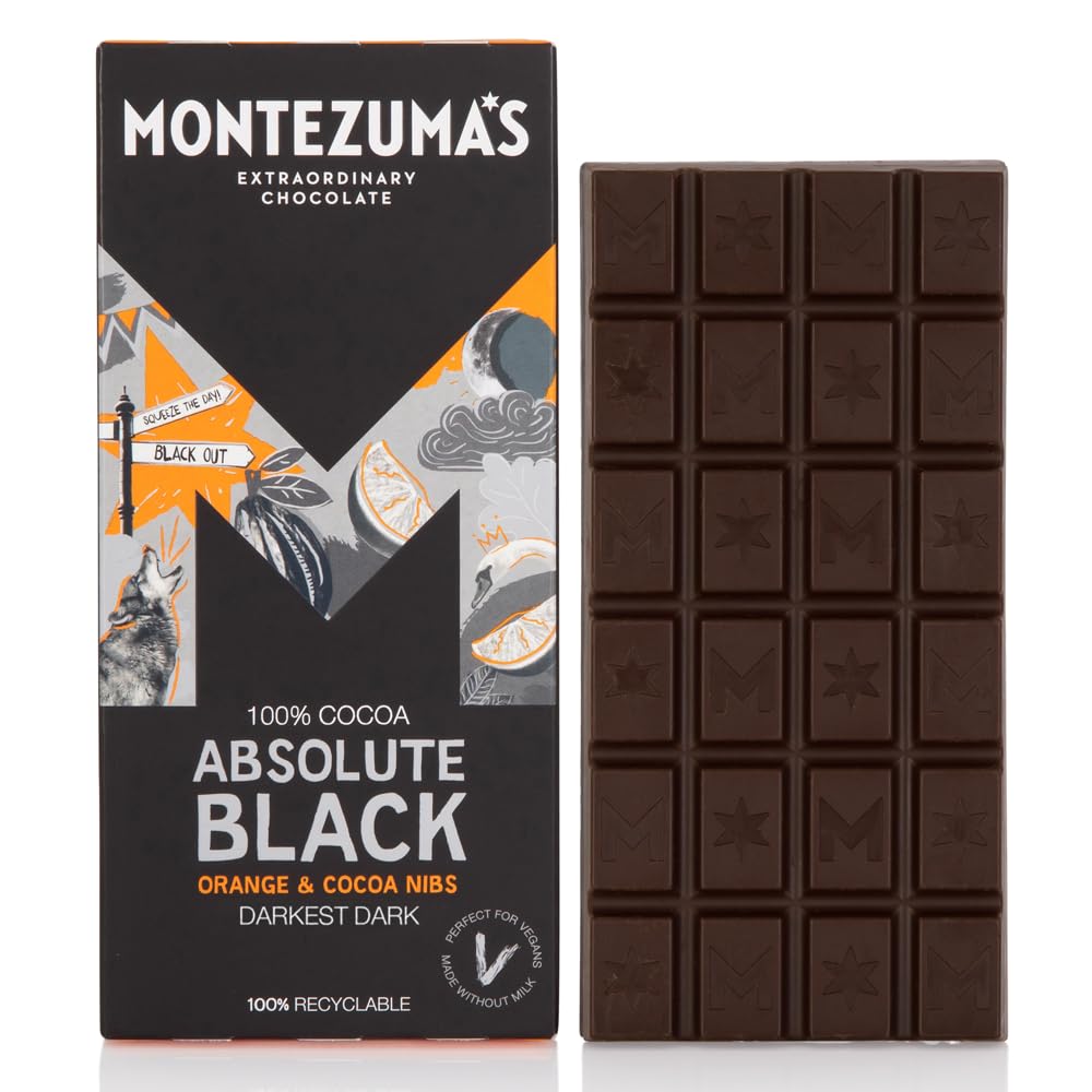 Montezuma - Absolute Black 100% Kakao Zartbitterschokolade mit Orange und Kakaonibs 90g Tafel