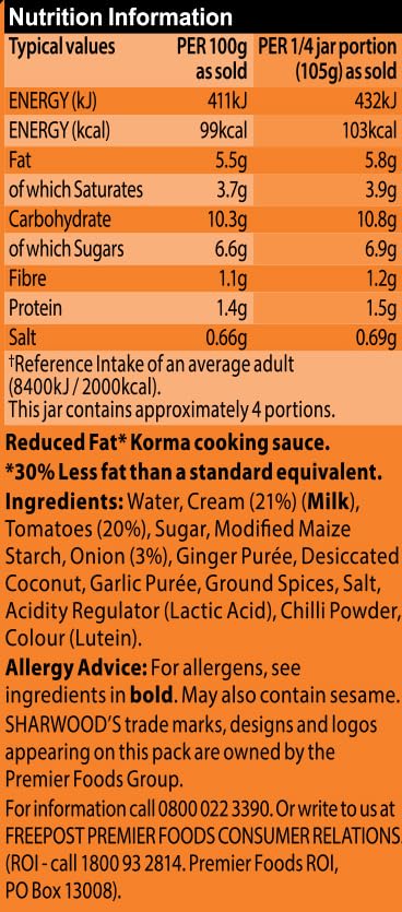 Sharwoods indische Korma-Sauce – 30 % weniger Fett, cremige Kokosnuss- und Tomatenmischung, 420 g