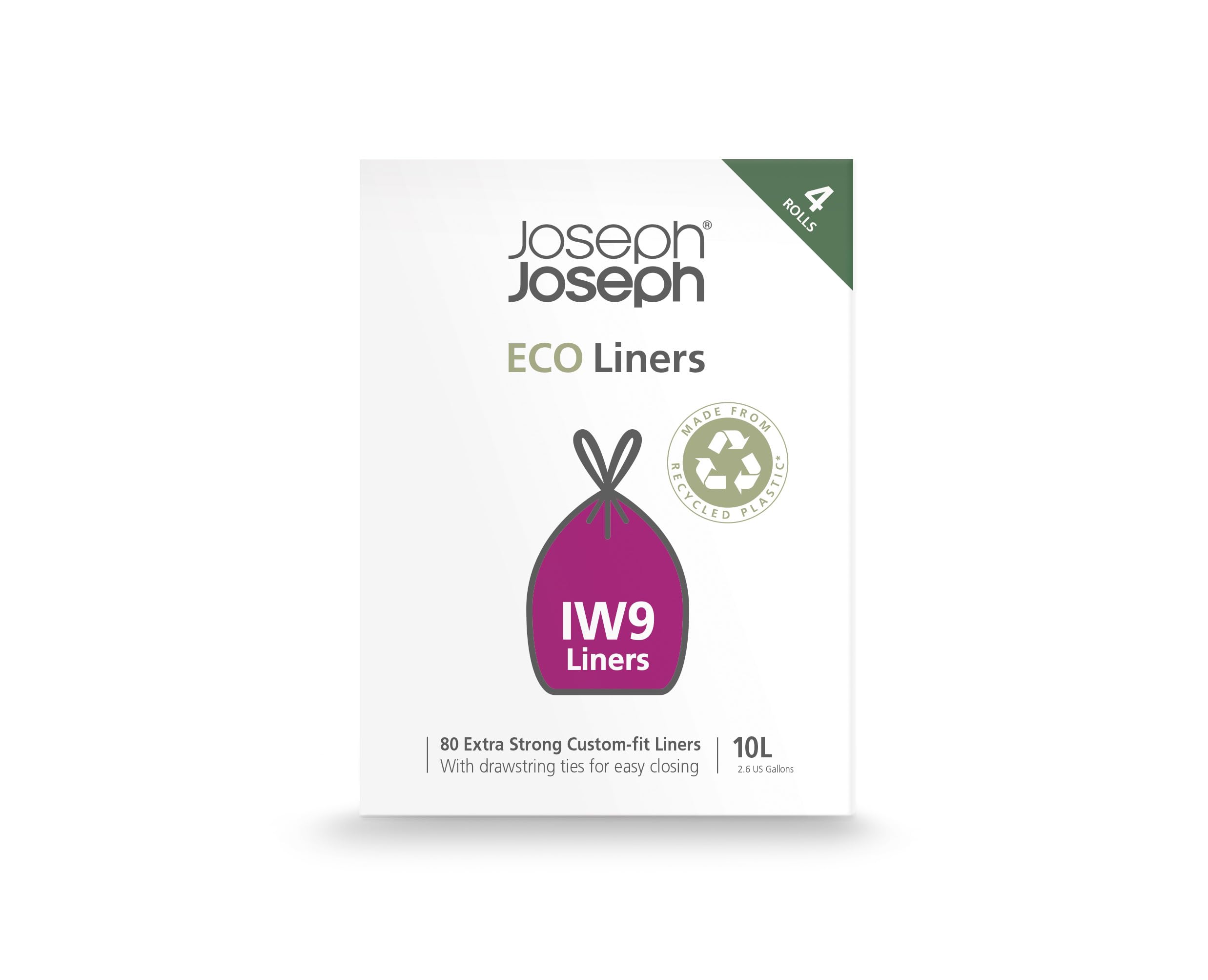 Joseph Joseph Eco IW9 Recycling-Müllbeutel, 80er-Pack, 10 l, grau, extra stark mit Kordelzug