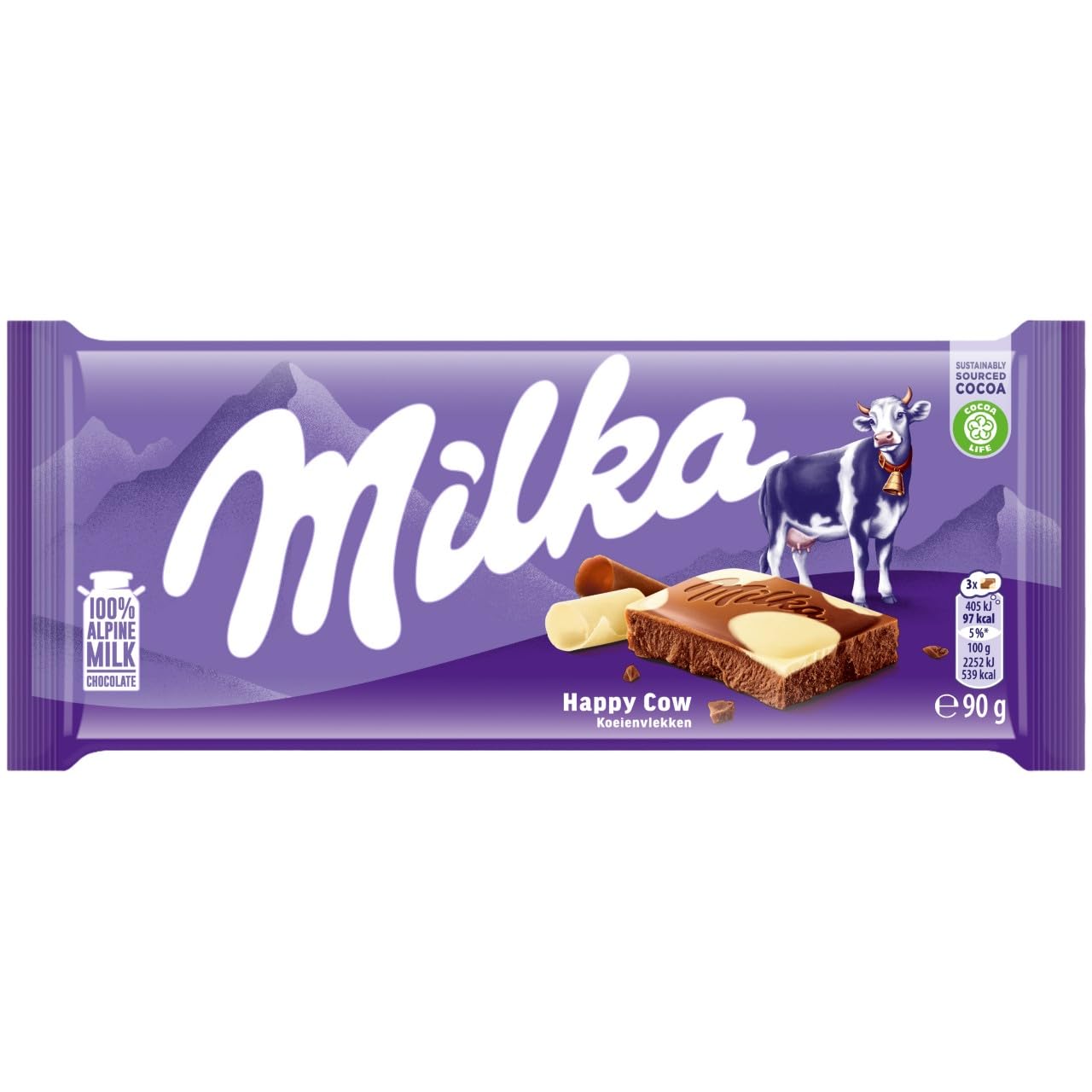 Milka Happy Cows Alpenmilch und weiße Schokoladentafel, Schokoladenharmonie, 90g