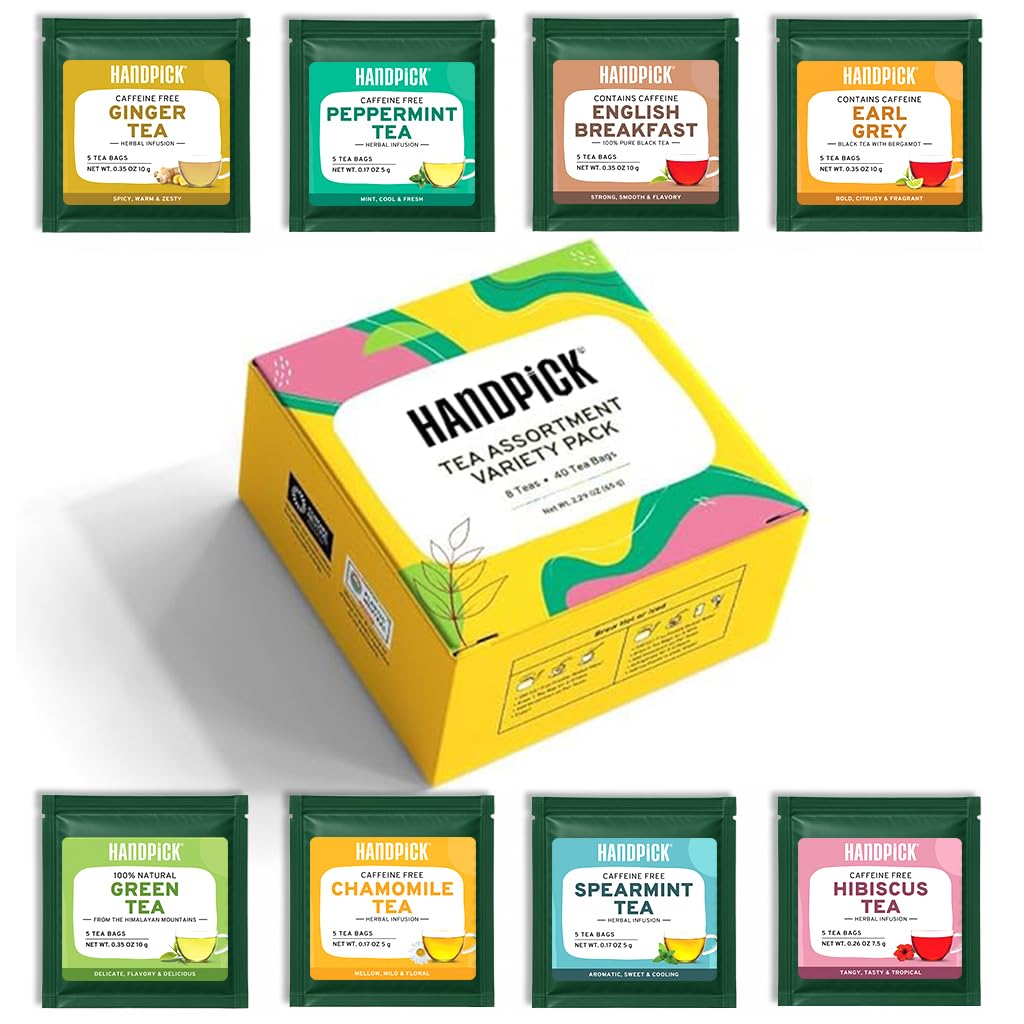 HANDPICK Teebeutel-Probepackung, Sortiment, 8 Geschmacksrichtungen, 40 Teebeutel, Geschenkbox