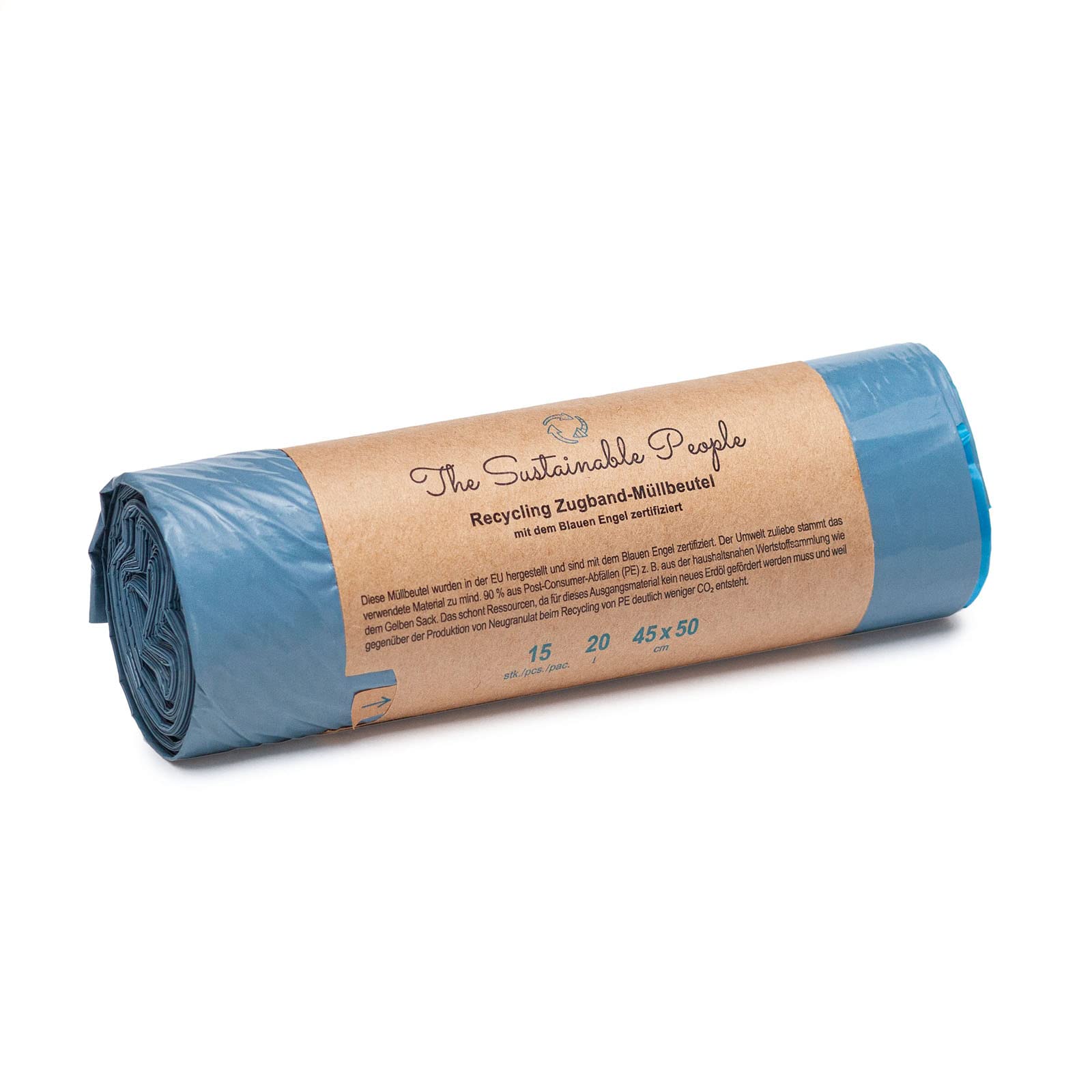 TSP Recycling-Müllbeutel mit Kordelzug, 20 l, 15er-Pack, aus 90 % recyceltem PE, Blauer Engel zertifiziert