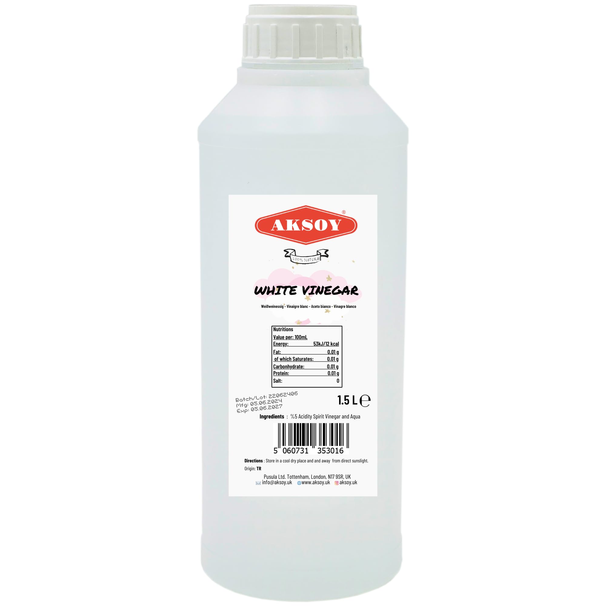 Aksoy Destillierter Weißweinessig 1,5 l – Ideal zum Kochen, Einlegen und zur natürlichen Reinigung