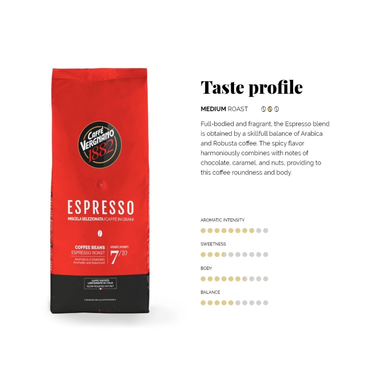 Caffè Vergnano 1882 Espresso, ganze Bohnenkaffee – 1-kg-Packung