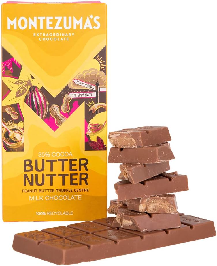 Montezuma - Butter Nutter 35 % Kakao, Milchschokolade mit Erdnussbutter-Trüffelfüllung, 90 g Riegel