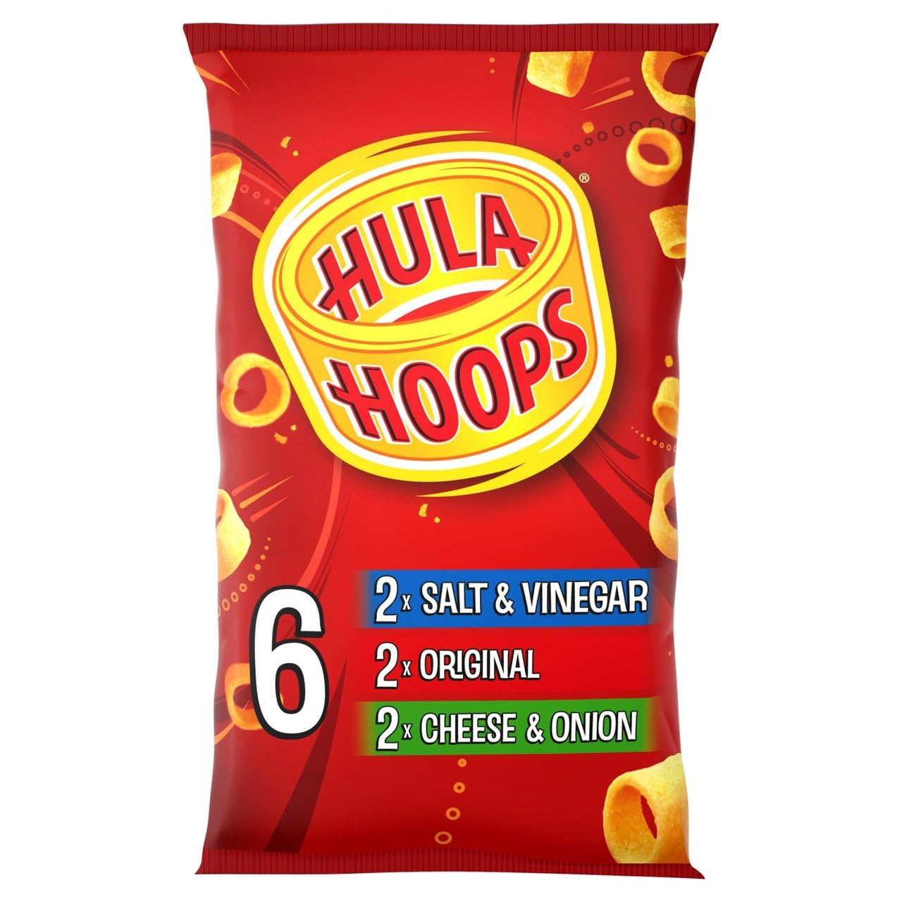 Hula Hoops Familien-Snackpaket – Käse & Zwiebeln, Original, Salz & Essig-Geschmack, Chips, 144 g