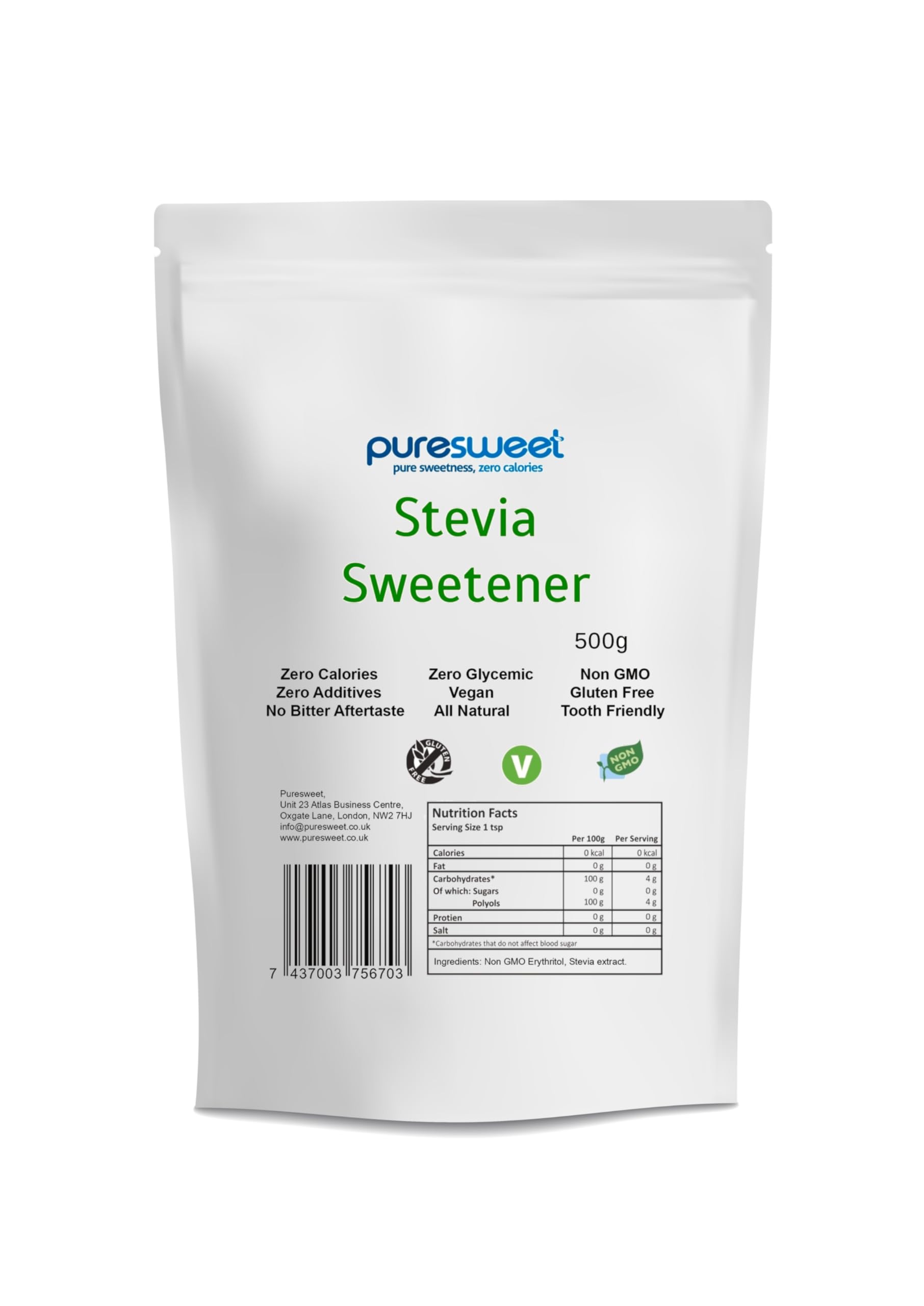 Puresweet® Premium Stevia Süßstoff 500g - Schmeckt wie Zucker, kein bitterer Nachgeschmack, Diabetikerfreundlich