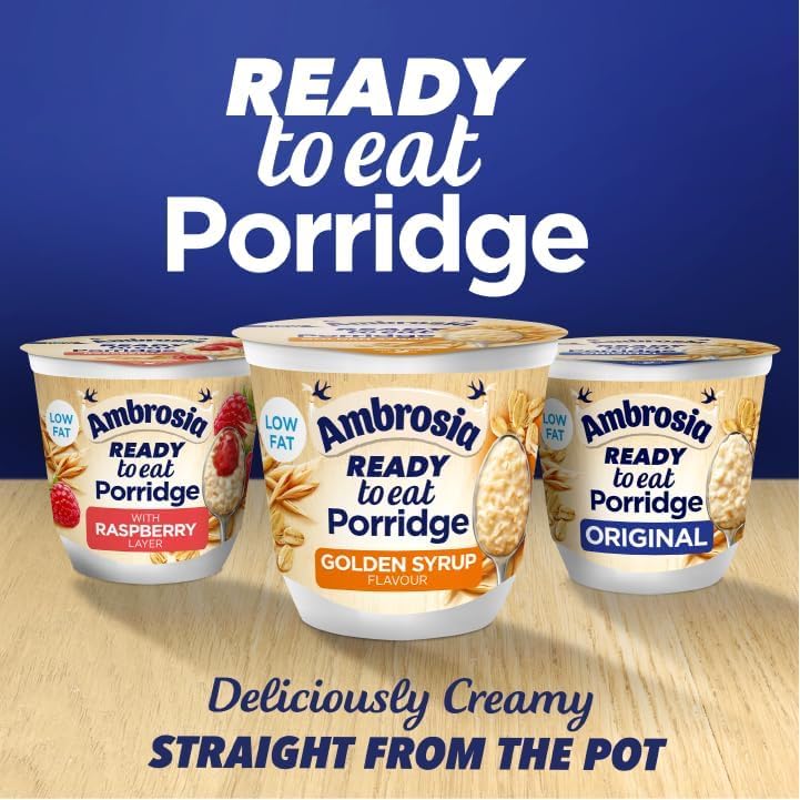 Ambrosia – Fettarme Porridge-Becher mit goldenem Sirupgeschmack und britischem Vollkornhafer, 210 g (6er-Pack)