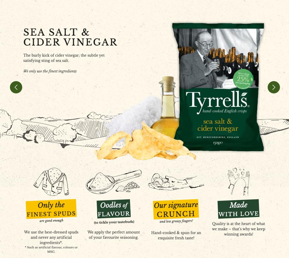 Tyrrells Handgekochte Chips mit Meersalz und Apfelessig, 150 g