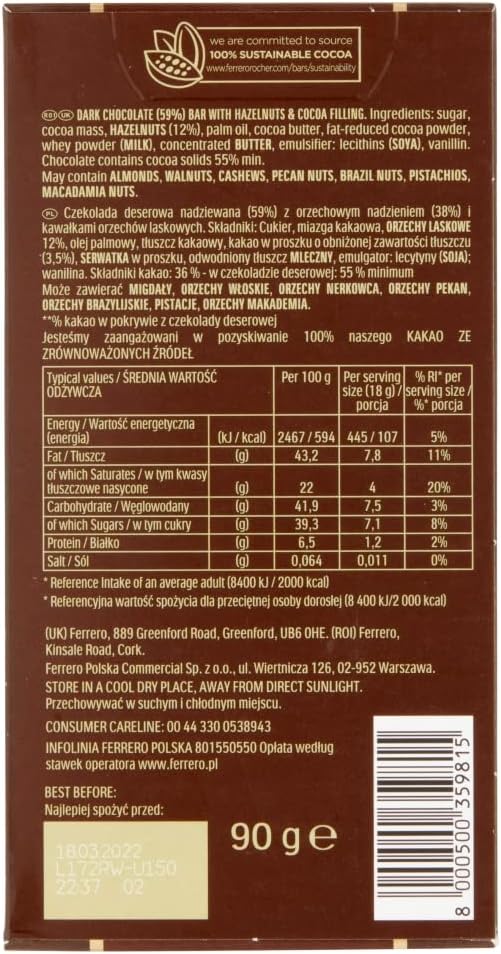 Ferrero Rocher Tafel Zartbitterschokolade und Haselnuss, 55 % Kakao, 90 g