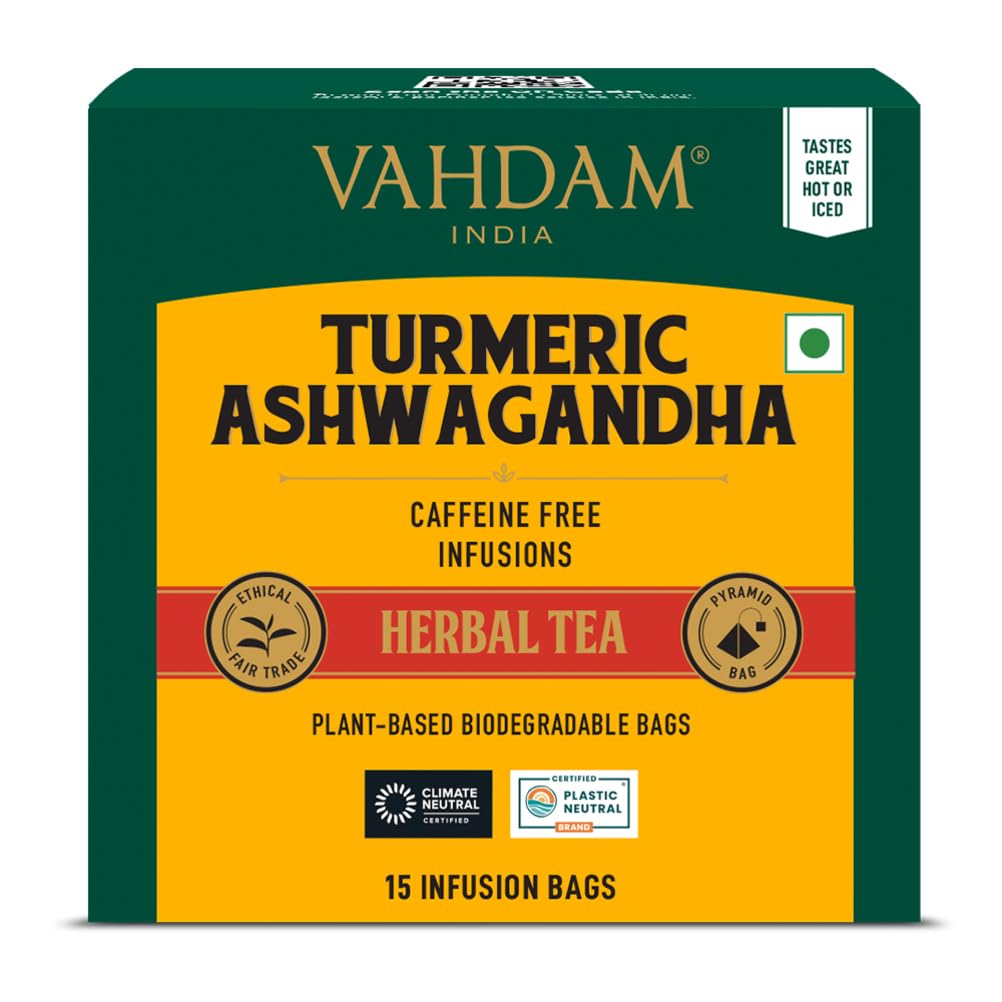 VAHDAM - Kurkuma-Ashwagandha-Kräuterteebeutel (15 Stück) 100 % reine Kräutermischung