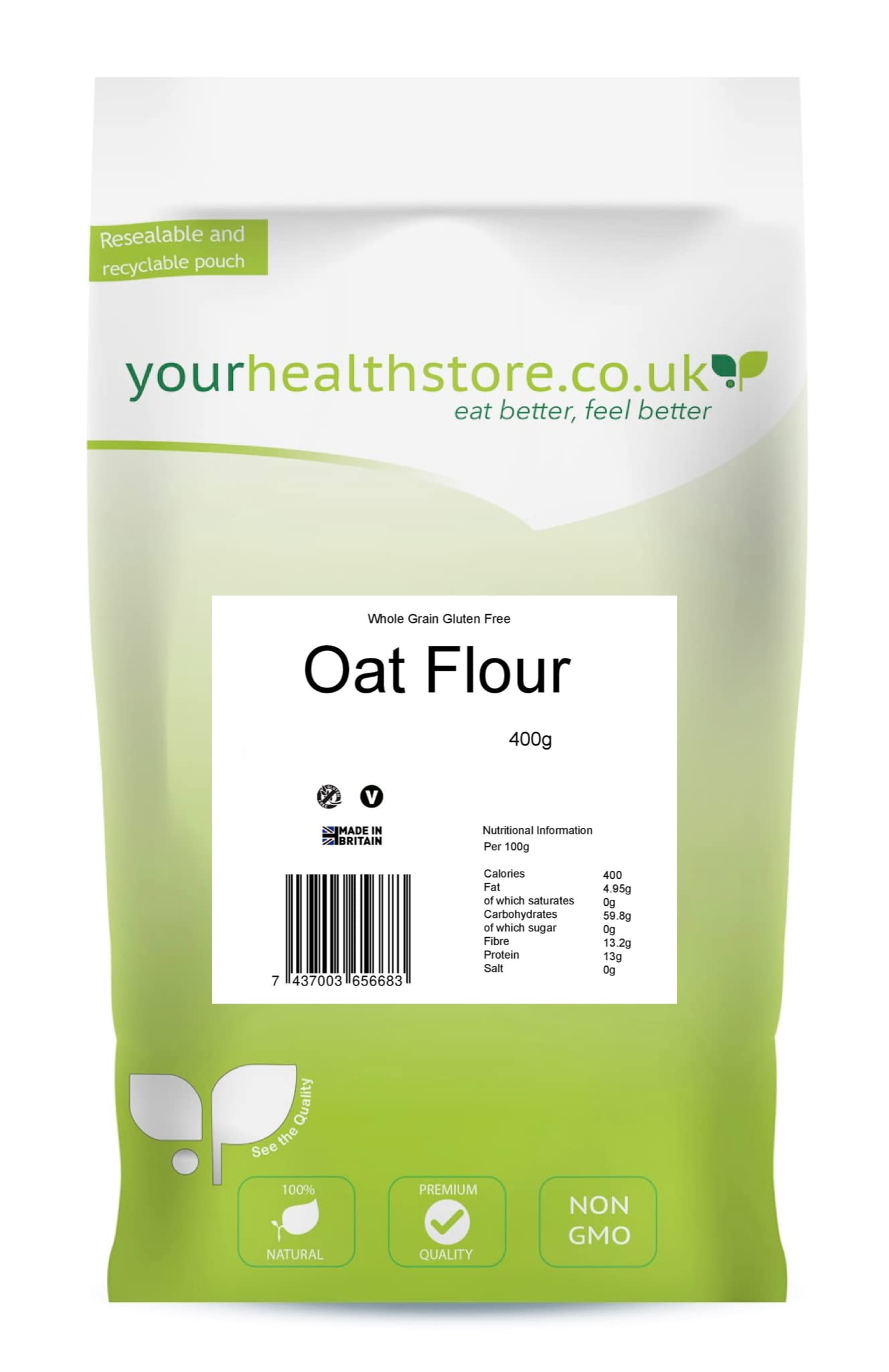 yourhealthstore® Premium Vollkorn-Hafermehl ohne Gluten, 400 g, hergestellt aus britischem Hafer