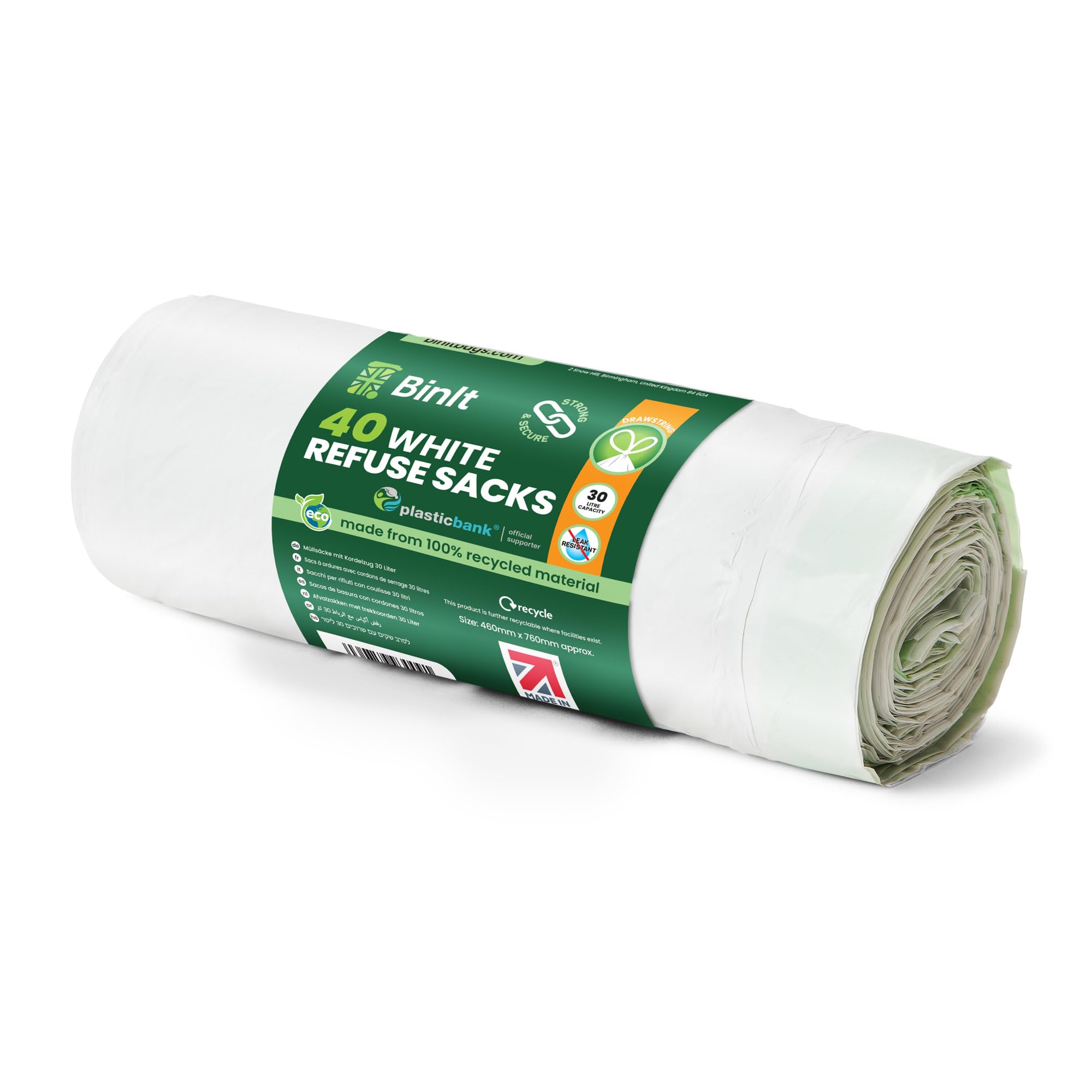 BIN IT 40 Weiße, 30 l große, recycelte, robuste und sichere Müllsäcke mit Kordelzug