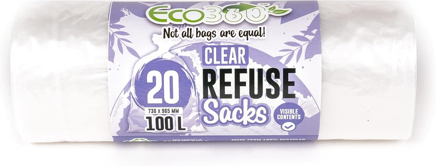EcoBag 20er-Pack strapazierfähige Müllsäcke 100 l – 736 x 935 mm, transparente Müllbeutel aus Recyclingmaterial