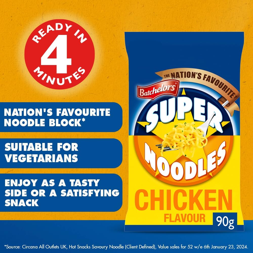 Batchelors Super Noodles Chow Mein Geschmack, Instant-Nudeln Snackbecher, 90g