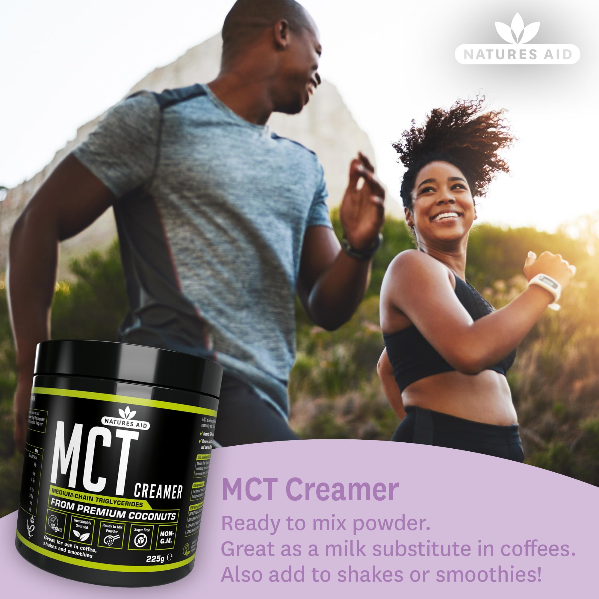 Natures Aid MCT-Öl-Creamer-Pulver – vegan, nachhaltig gewonnen, schnell absorbiert für Energie – 100 % Kokosöl