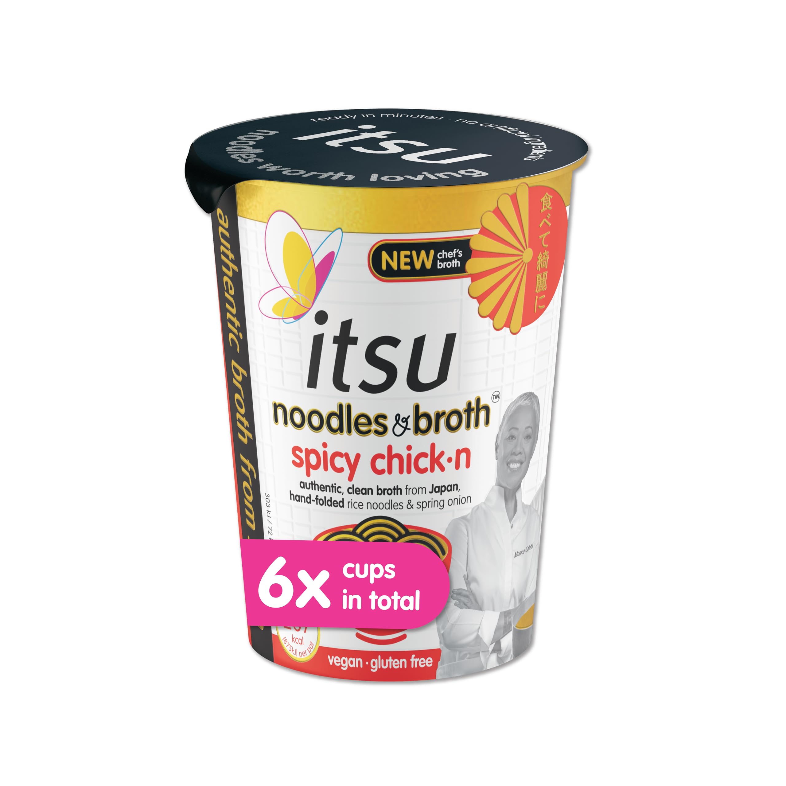 Itsu Spicy Chicken Instantnudeln & Brühe Topf 64 g – 6er-Pack | Glutenfrei | Vegan | Schnelle 5-Minuten-Mahlzeit