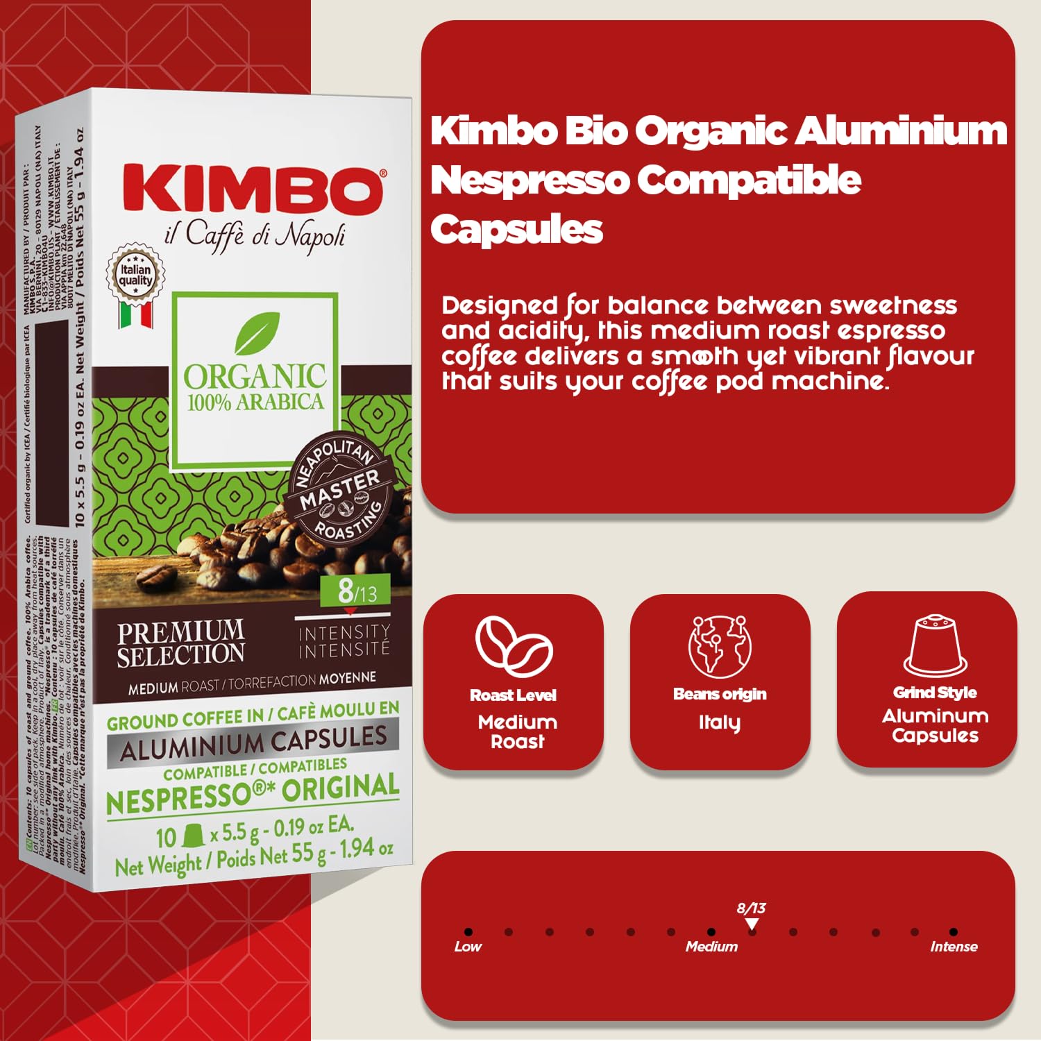 Kimbo – Bio-Kaffeekapseln (10er-Pack) | Italienische mittlere Röstung | Nespresso-kompatibel